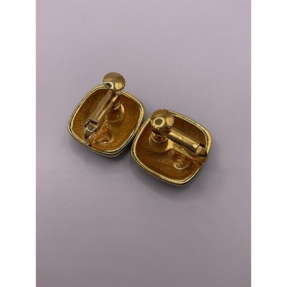 Signed Napier Clip on Screw Back Black Gold Enamel Earrings - Picture 2 of 3